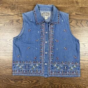 Vintage Tantrum Blues Vest Womens XL Extra Large Blue Denim Embroidered Boho 90s